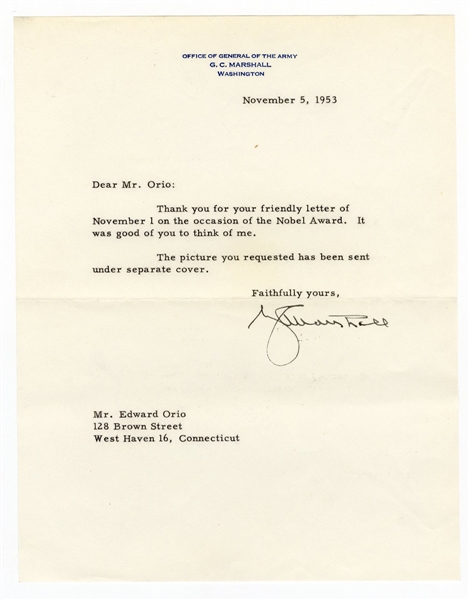 General George C. Marshall Signed Letter