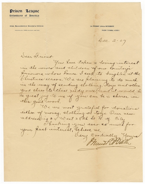 Maud Ballington Booth Handwritten & Signed 1907 Letter