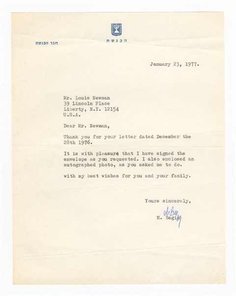 Menachem Begin Signed Letter