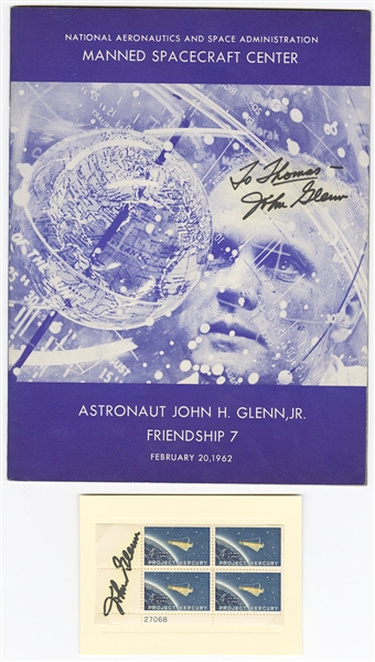 John Glenn Signed Space Booklet and Mercury 7 US Postage Stamp Block