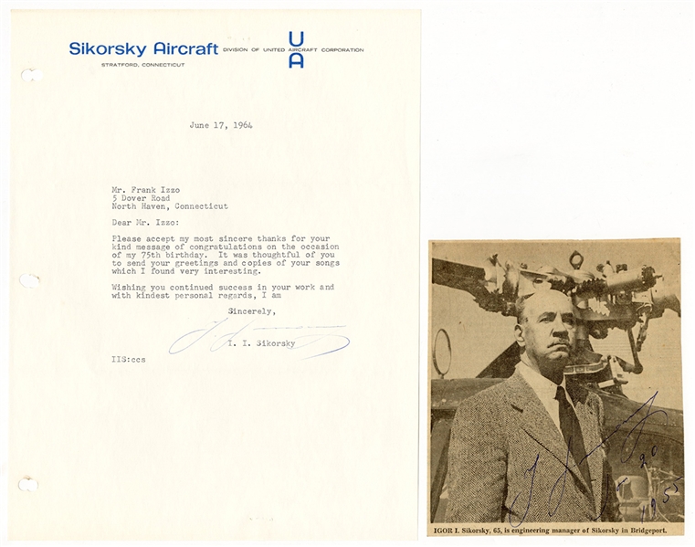 Russian Aviator Igor Sikorsky Collection of Signed Photographs and Letters