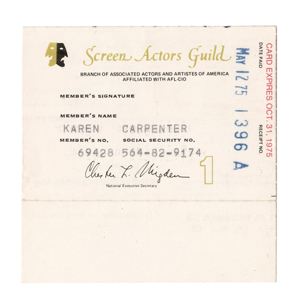 Karen Carpenters Original Screen Actors (SAG) Card
