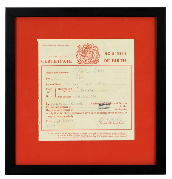 Rolling Stones Charlie Watts Original Birth Certificate