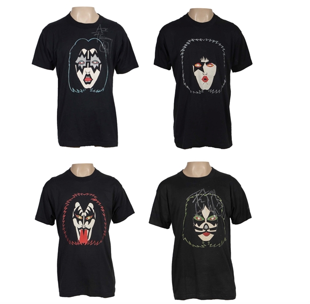KISS Originals 2 Album Mask Artwork Head Shop T-Shirt 4 Piece Set Ace Frehley Signed, Peter Criss Signed, Gene Simmons & Paul Stanley