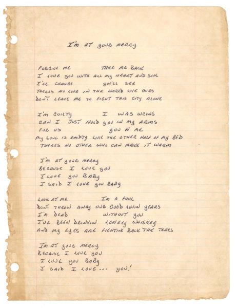 Lynyrd Skynyrd Original Working Handwritten Lyrics for "Im at Your Mercy