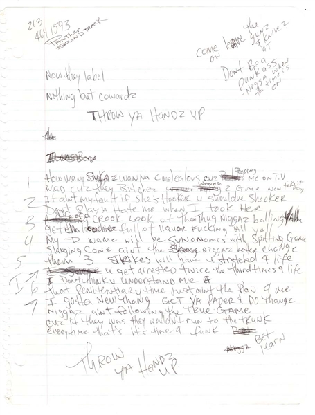 Tupac Shakur Original Working Handwritten Lyrics for "Throw Your Hands Up" JSA
