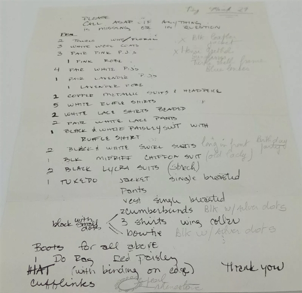 Prince Handwritten Clothing Items For “Purple Rain” Tour