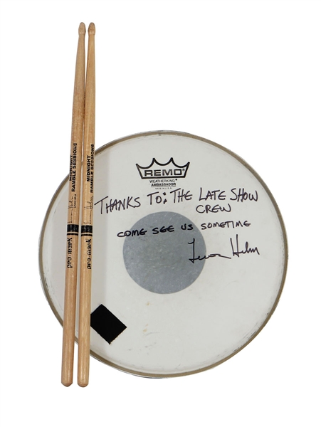 The Bands Levon Helm "Late Show With David Letterman" Stage Used & Signed Drumhead and Stage Used Drumsticks