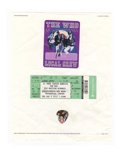 The Who Original Backstage Concert Pass, Concert Ticket and Guitar Pick