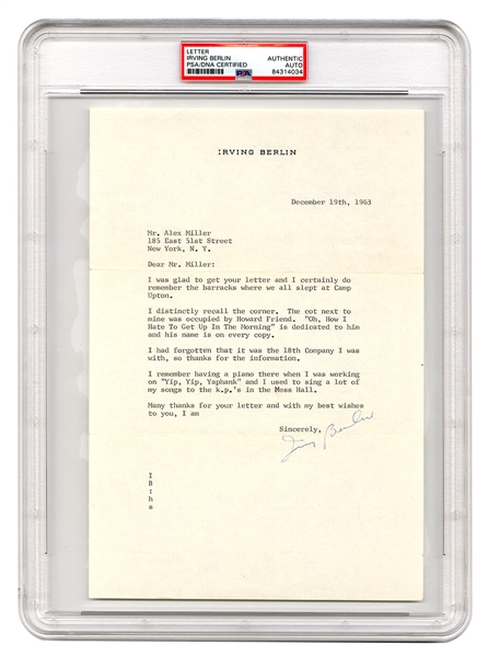 Significant December 19, 1963 Signed Irving Berlin Letter Mentioning “Yip, Yip, Yapchank” PSA