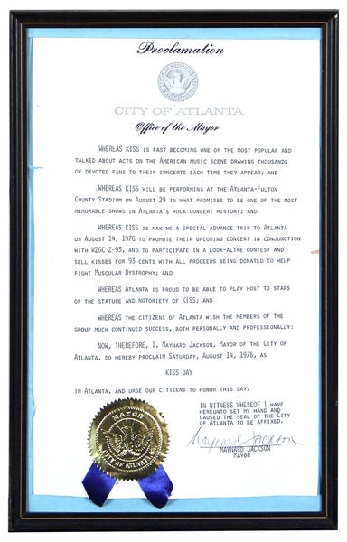 KISS Atlanta, Georgia 1976 Destroyer Tour Concert KISS DAY Proclamation from the City Of Atlanta Signed By Mayor formerly owned by Ace Frehley