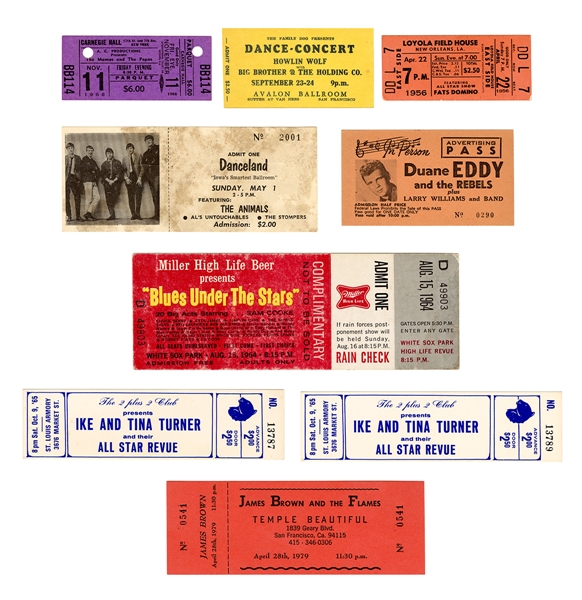 Lot of 10 Original Concert Tickets Including Tina Turner, Big Brother and the Holding Company, James Brown, and More