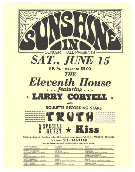 KISS Debut Album 1st Tour Concert Handbill Flyer June 15, 1974 Sunshine In, Asbury Park, New Jersey -- formerly owned by Ace Frehley