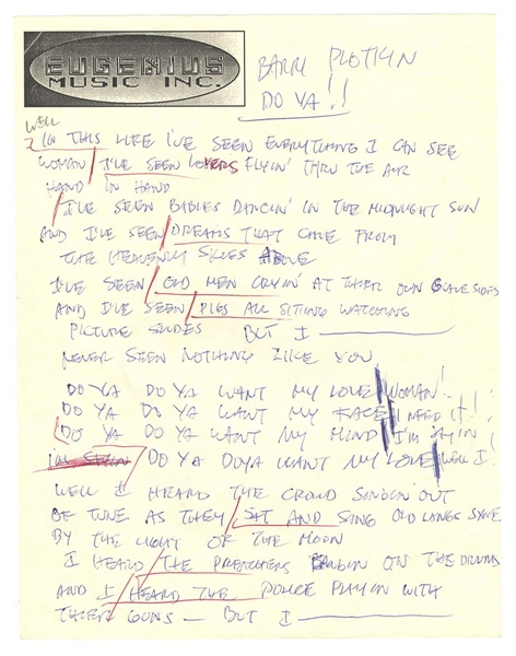 KISS Ace Frehley Solo 1989 Trouble Walkin Album Song “Do Ya” Handwritten Lyrics by Ace -- formerly owned by Ace Frehley