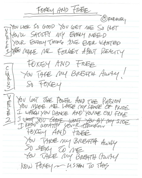 KISS Ace Frehley Solo 2009 Anomaly Album Song “Foxy and Free” Handwritten Lyrics by Ace 3 Page Set -- formerly owned by Ace Frehley