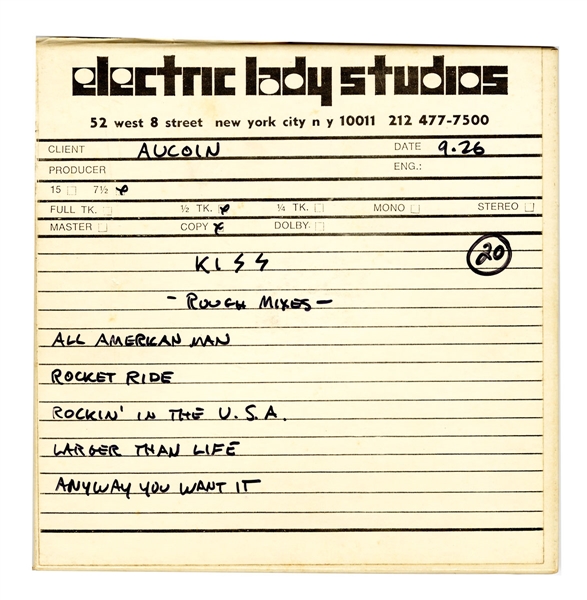 KISS Alive 2 1977 Album Side 4 Rough Mixes Electric Lady Studios, NY City Reel To Reel Tape -- formerly owned by Bill Aucoin