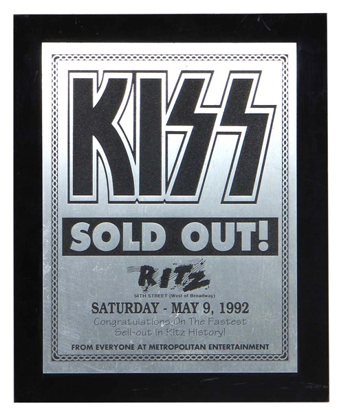 KISS Revenge Club Tour May 9th 1992 Concert at The Ritz, NY City Fastest Sell Out In Venue History Commemorative Award Plaque