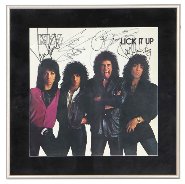 KISS Lick It Up USA Record Album Cover 1983 Signed Vinnie Vincent Eric Carr Gene Simmons Paul Stanley Framed