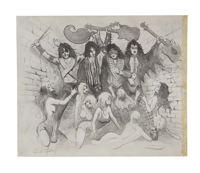 KISS 1977 Love Gun Album Cover Concept Preliminary Sketch Art Hand Drawn by Ken Kelly