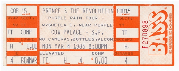Prince “Purple Rain” Tour Unused Ticket for March 4, 1985 at the Cow Palace, SF with Review of Show