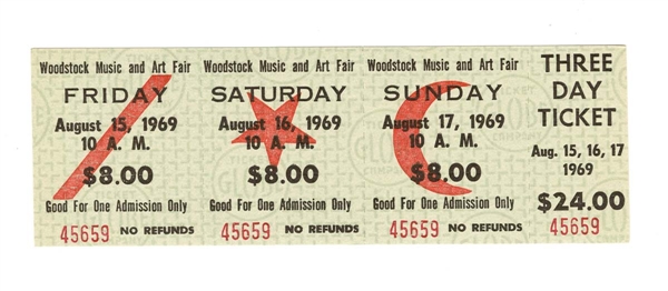 Woodstock 1969 3 Day Unused Ticket