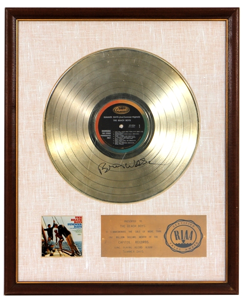 The Beach Boys "Summer Days" Original RIAA White Matte Gold Album Award Presented to The Beach Boys Signed by Brian Wilson