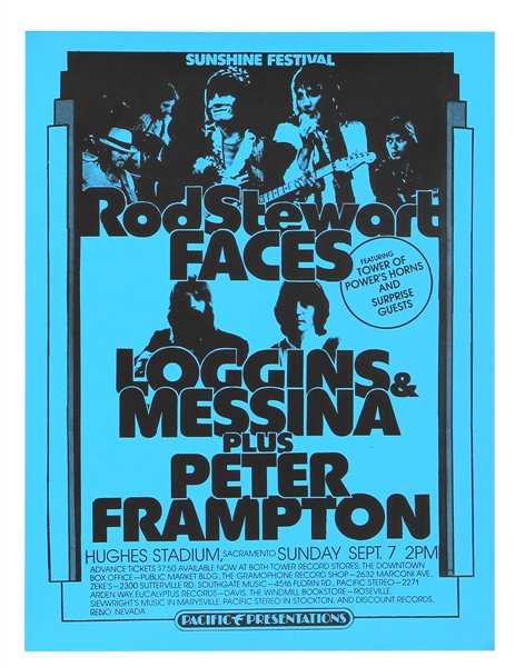 Faces featuring Rod Stewart, Peter Frampton and many more at Hughes Stadium in Sacramento, CA in 1975 Concert Poster