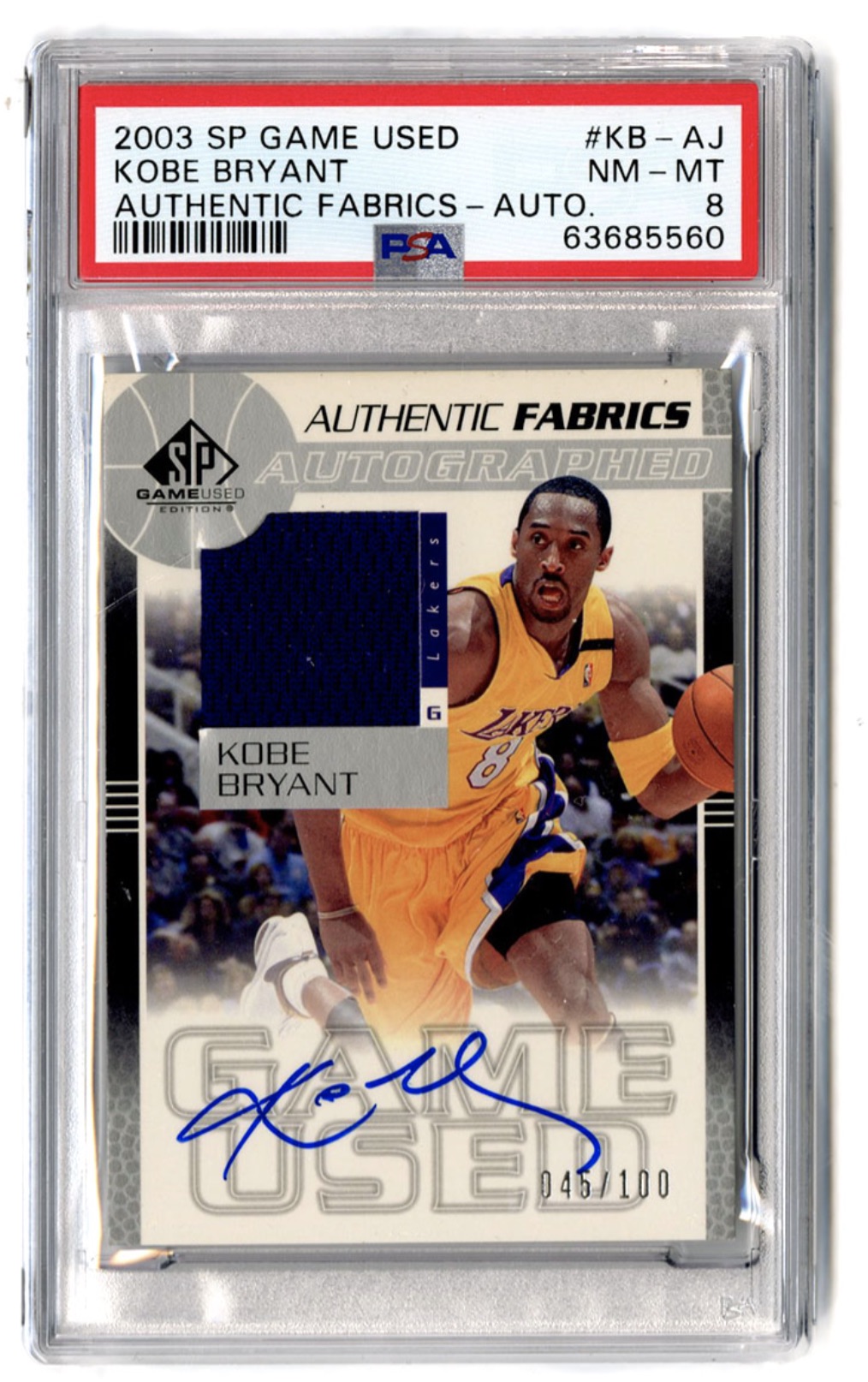 Lot Detail - 2003 SP Game Used Authentic Fabrics KB-AJ Kobe Bryant  Autograph PSA 8