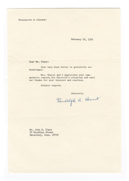 Randolph A. Hearst Signed Letter