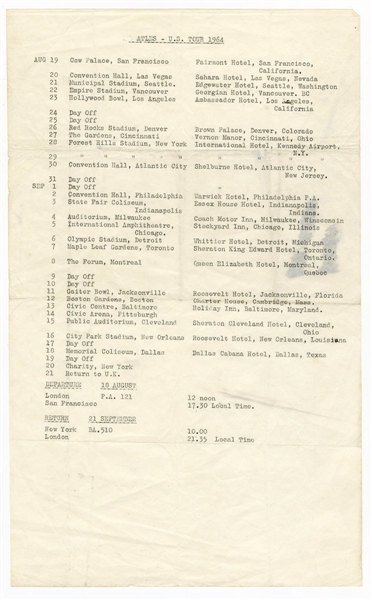 Extremely Rare Beatles Pete Best Owned 1964 U.S.& Canada Concert Tour Itinerary