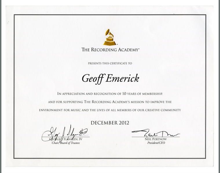 The Beatles Related Geoff Emerick 2012 Grammy Recording Academy Certificate (USA)