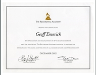 The Beatles Related Geoff Emerick 2012 Grammy Recording Academy Certificate (USA)