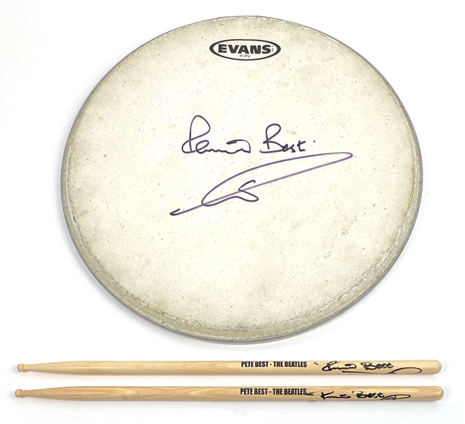 Pete Best Stage Used & Signed Drumskin And Signed Drumsticks