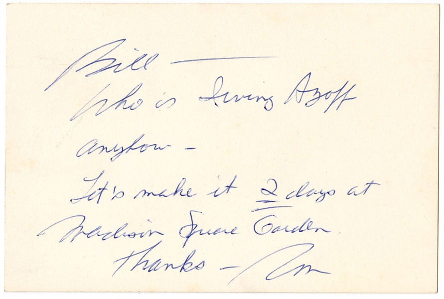 KISS 1970s Handwritten Note from NY Concert Promoter Ron Delsner to Bill Aucoin about playing 2 Nights at Madison Square Garden