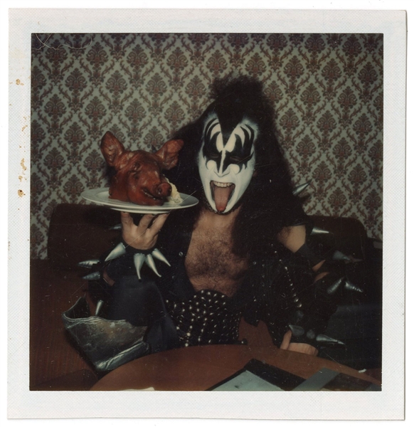 KISS Original Vintage Polaroid Photo Gene Simmons with Pig Head Europe 1976 Alive Destroyer Tour