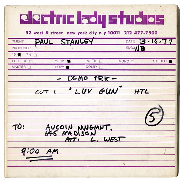 KISS Paul Stanley Luv Gun Demo March 15, 1977 Electric Lady Studios, New York City Reel To Reel Tape -- formerly owned by Bill Aucoin