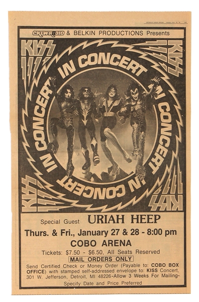 KISS Rock And Roll Over Tour 2-FOOT Newspaper Concert Poster Jan 27 28, 1977 Cobo Arena, Detroit, Michigan