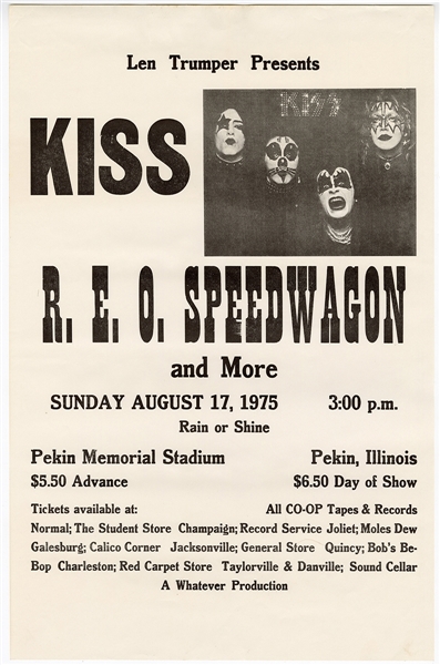 KISS with Reo Speedwagon Dressed To Kill Tour August 17, 1975 Pekin, Illinois Concert Poster