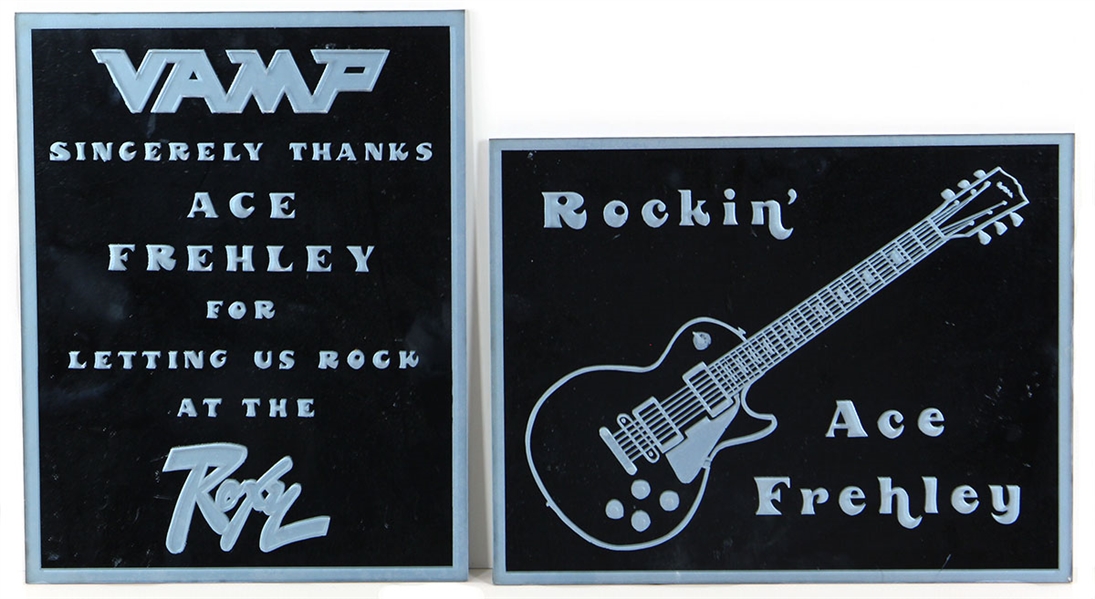 KISS Ace Frehley 2pc Etched Glass Thank You Plaque Set for The Roxy, LA California Concert mid 1990s -- Formerly owned by Ace Frehley
