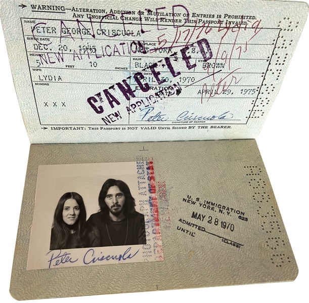 KISS Peter Criss Twice-Signed Original 1970 U.S. Passport with Lydia Criss