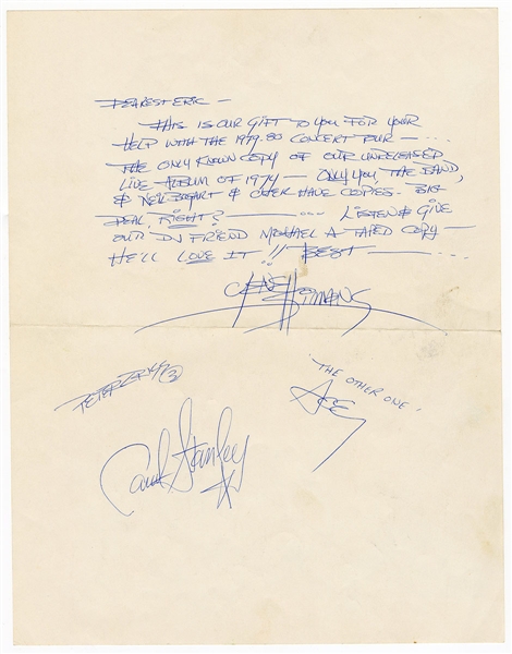 KISS Gene Simmons 1979 Handwritten Letter -- Mentions Unreleased 1974 Live Album -- Signed by Gene Simmons Ace Frehley Paul Stanley Peter Criss