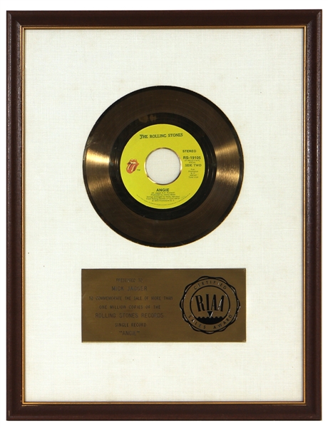 Rolling Stones “Angie” Original RIAA White Matte Gold 45 Award Presented to Mick Jagger