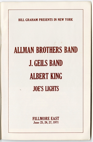 Allman Brothers/J. Geils/Albert King Original 1971 Fillmore East Concert Program