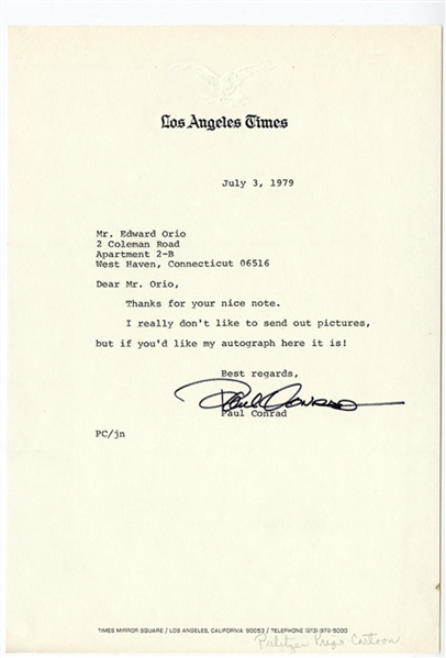 Cartoonist Paul Conrad Signed Letter