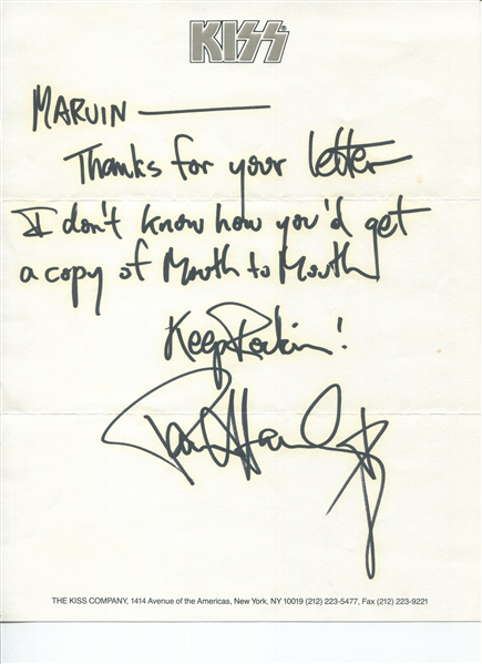 KISS Paul Stanley Handwritten & Signed Letter on KISS Stationary 