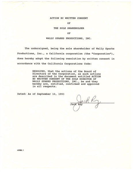 Rodney Dangerfield "Jack Roy" Signed Wally Sparks Productions, Inc. Document