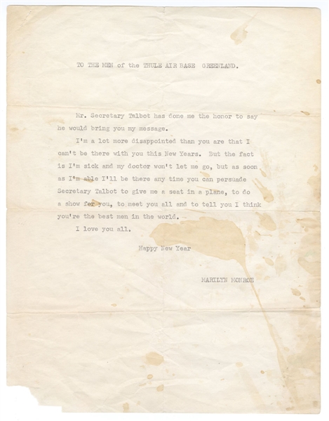 Marilyn Monroe Original Typed Korean War Letter to U.S. Troops