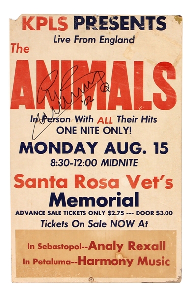 Eric Burdon Signed Original Animals Cardboard Concert Poster Circa 1960s