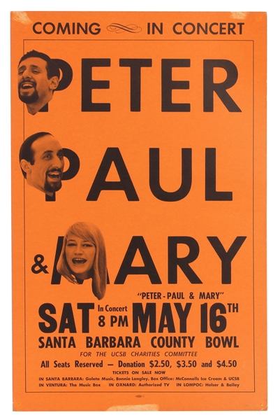 Peter, Paul & Mary Original 1964 Cardboard Concert Poster