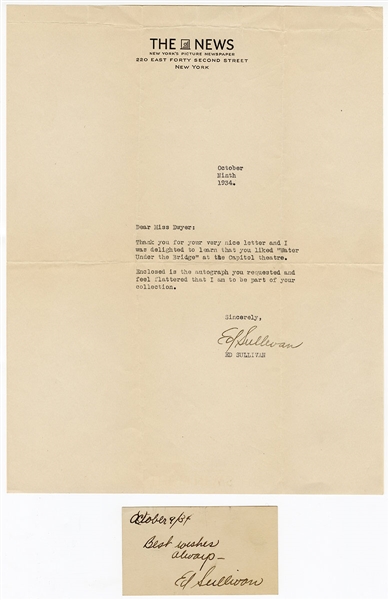 Ed Sullivan Vintage Signed Letter and Card (1934)